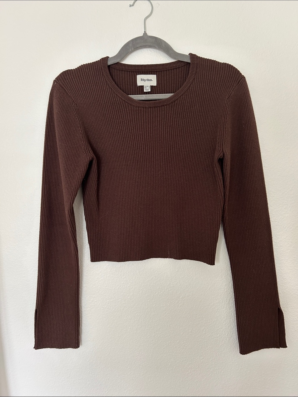 Rhythm. Ribbed Long Sleeve Crop Top in Chocolate Brown